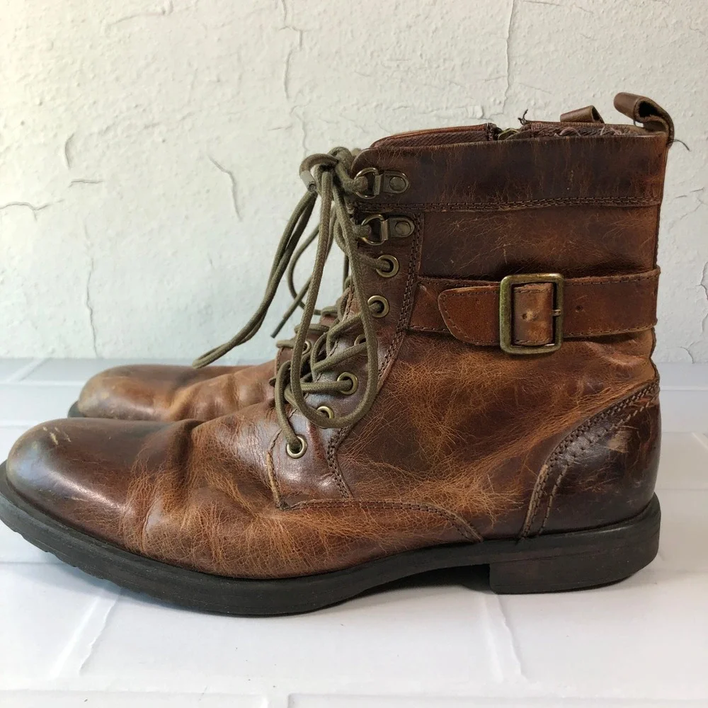 Aston Grey Rockcastle 2 Mens Distressed Leather Lace Up Buckle Combat Boots 9.5
